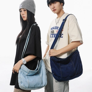 Japanese style large capacity washed denim crossbody bag for women in light and dark blue