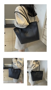 Detail view of black PU leather tote bag with functional front snap pocket for women