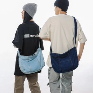 Japanese style large capacity denim messenger bag for women in light and dark blue