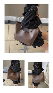 Macro shot of dark brown large tote bag with front pocket and button detail for work