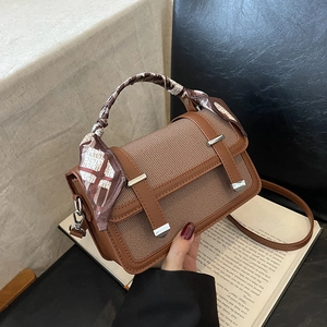 Women Retro PU Leather Patchwork Crossbody Bag With Silk Scarf Handle Small Square Satchel Shoulder Bag Handbag 2024