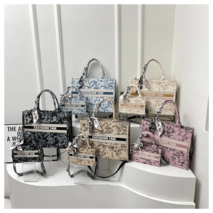 Collection of retro floral canvas tote bags with elegant letter prints in multiple colors
