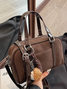 Retro brown frosted suede Boston bag with baseball charm and adjustable shoulder strap