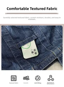 Detail of large denim pocket showing deep blue texture and spacious capacity for a smartphone