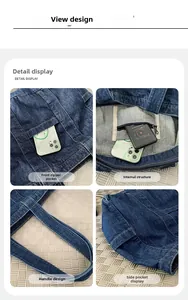 Detail view of denim tote bag features zip pockets and durable reinforced handles