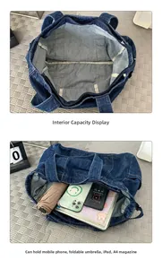 Detail showing spacious interior capacity of denim tote bag for iPad and A4 magazines