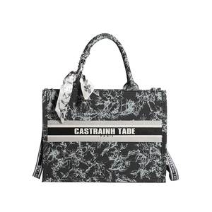 Fashion canvas tote bag with black and white floral pattern and adjustable shoulder strap