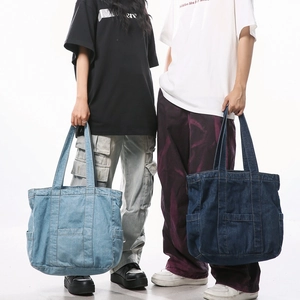 Large Capacity Denim Tote Bag For Women Korean Style Canvas Shoulder Bag Lightweight Handbag For School Work Shopping