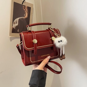 Women Retro PU Leather Small Square Crossbody Bag French Style Shoulder Bag With Plush Monster Pendant Gold Rivet Decoration