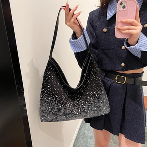 Sac Fourre-tout en Strass à Grande Capacité pour Femmes Sac à Épaule Hobo en Cuir PU Sac Seau en Cristal Brillant Sac à Main Quotidien Élégant