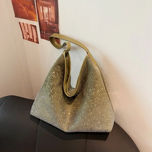 Sac fourre-tout à strass vert olive avec grande capacité et bandoulières en cuir