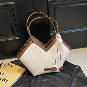 Large V-shape pleated tote bag in white with brown trim and shoulder straps