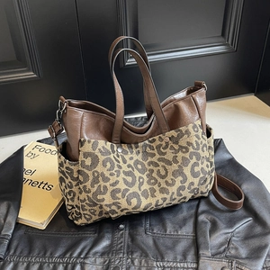 Leopard Print Large Capacity Tote Bag For Women PU Leather Canvas Stitching Casual Shoulder Crossbody Bag Fashion Daily Handbag