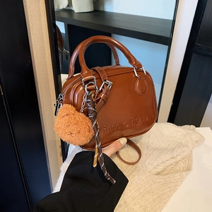 Women's Retro Shiny PU Leather Mini Crossbody Bag With Cute Bear Pendant Stylish Small Square Handbag Versatile Shoulder Bag