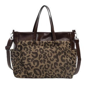 Brown faux leather and leopard print canvas large tote bag with adjustable shoulder strap