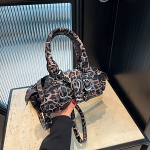 Retro leopard print PU leather Boston bag with belt buckles and detachable shoulder strap