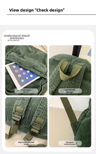 Detailed views of a green corduroy backpack with front pocket and adjustable straps