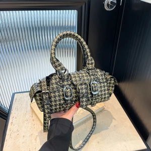 Retro houndstooth Boston bag with punk metal buckles and adjustable crossbody strap