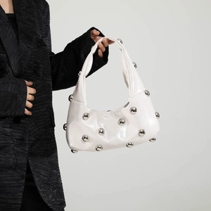 Chic white PU leather underarm bag with large silver metallic studs for women