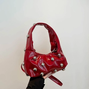 Chic red patent leather shoulder bag with silver ball studs and detachable strap