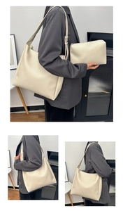 Detail of minimalist beige tote bag and small zipper pouch with smooth leather texture
