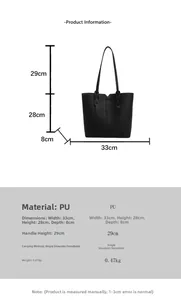 Tableau des tailles détaillé pour grand sac fourre-tout noir en cuir PU souple