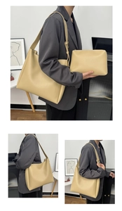 Detail view of cream-colored two-piece tote bag set with matching inner zipper pouch