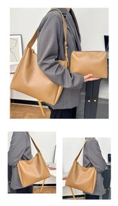 Macro view of khaki tote bag with a matching pouch and minimalist wide shoulder strap