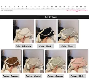 Seven colors of pleated shoulder bags with pearl chains and decorative silk scarves
