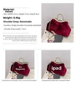 Detail view of red velvet frame bag showing 27x17x8cm dimensions and chain strap