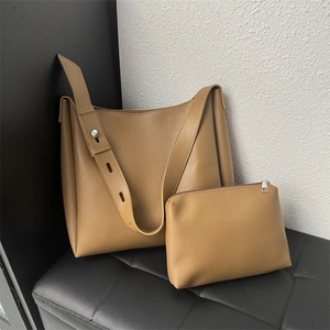 PU Leather Tote Bag With Inner Pouch Simple Retro Style Large Capacity Handbag Wide Strap Shoulder Bag Daily Work Bag
