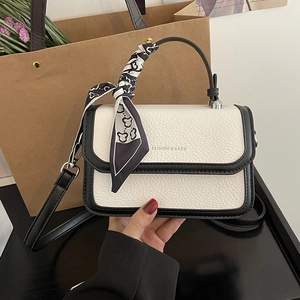 Women Contrast Color Small Square Bag Pebble Grain PU Leather Crossbody Bag With Scarf Wrap Handle Fashion Handbag Daily