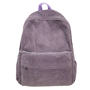 Purple corduroy backpack for women with large capacity and front zipper pocket