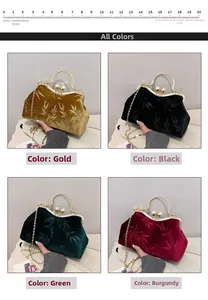 Detailed grid view showing velvet evening bags in gold, black, green and wine red colors