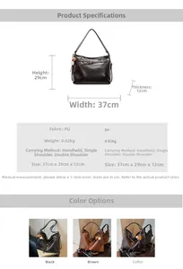 Detailed view of large capacity PU tote dimensions and available colors like black or brown