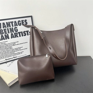 Retro chocolate brown leather tote bag and zipper pouch set with adjustable strap