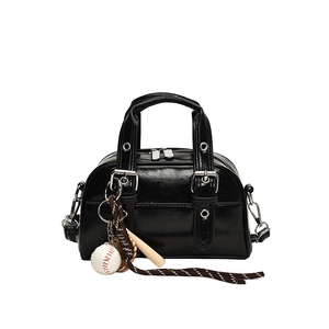 Chic black oil wax leather Boston bag with silver buckle and baseball charm