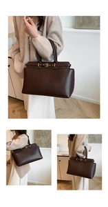 Detailed views of a coffee brown faux leather tote bag with gold hardware and top belt buckle