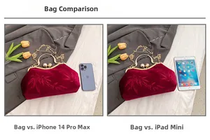 Size comparison of red velvet bamboo pattern handbag with iPhone and iPad mini