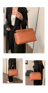 Detailed views of a vintage orange-brown leather tote bag with buckle decor and handles