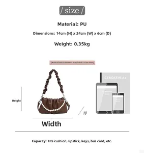 Size guide for French pleated cloud bag showing PU material specs and dimensions