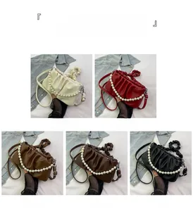 French pleated cloud bag in five colors with decorative pearl strap and vintage texture
