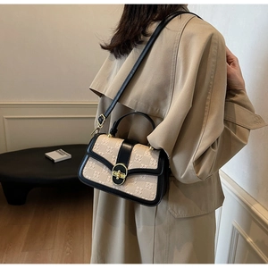 Close-up of a retro checkerboard crossbody bag with elegant gold twist-lock detail