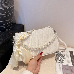 Fashion Korean Style Pleated Crossbody Bag For Women Elegant Artificial Pearl Chain Underarm Shoulder Bag With Satin Scarf Decor PU Bag