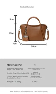 Brown PU leather handbag dimensions 24x17x7cm with detachable strap and coin purse