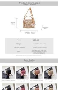 Detailed size chart for plush crossbody bag with dimensions and technical specifications