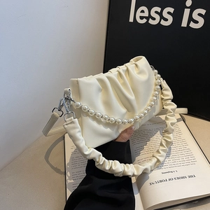 Women French Pleated Cloud Bag PU Leather Artificial Pearl Chain Shoulder Crossbody Bag Retro Fashion Handbag Versatile Underarm Bag