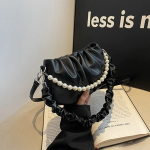 French style black pleated cloud bag with pearl chain and elegant shoulder strap