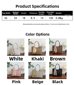 Detailed size chart and multi-color specifications for the retro PU leather bucket bag