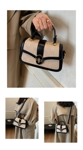 Detail of beige checkered crossbody bag with gold buckle and black shoulder strap